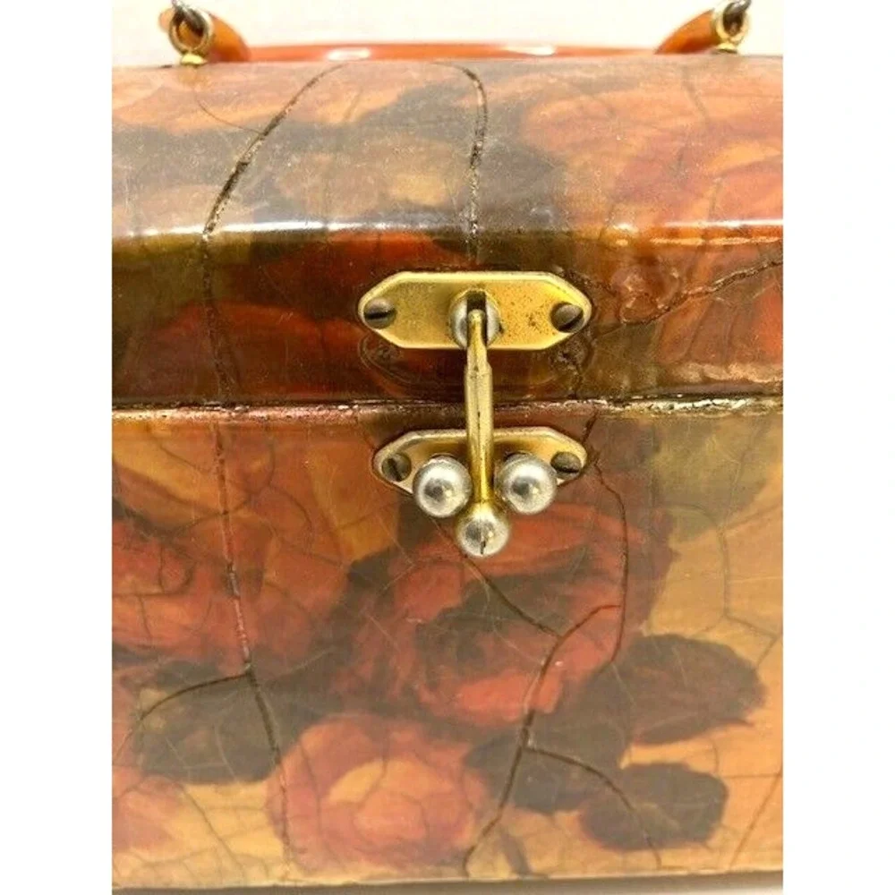 Vintage Floral Crackle Decoupage 1960s Textured‎ Wood Purse Lucite Handle